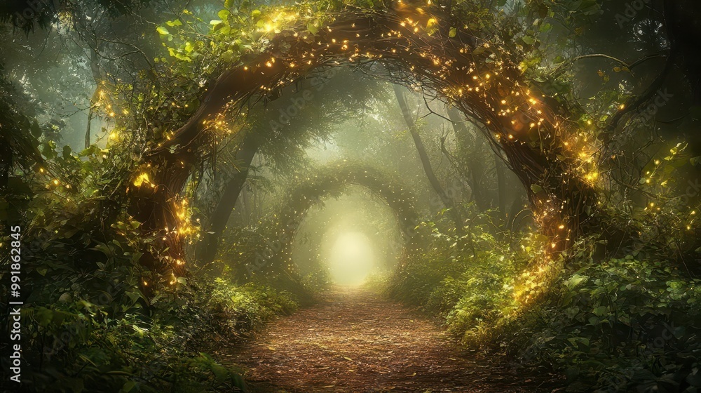 Poster enchanted forest archway draped in luminous vines misty atmosphere and ethereal lighting create a ma
