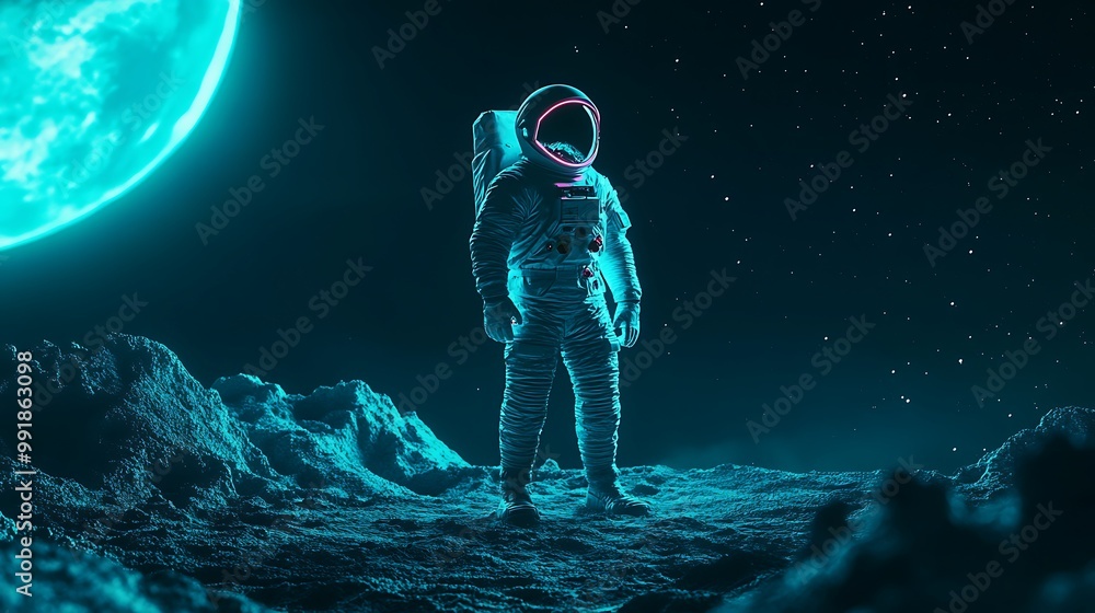 Poster astronaut standing on a moon-like surface with a large blue planet in the background.