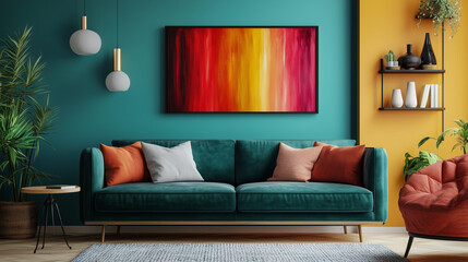 Nowoczesny salon z dużym, abstrakcyjnym obrazem na ścianie, który nadaje pomieszczeniu radosny i dynamiczny charakter.