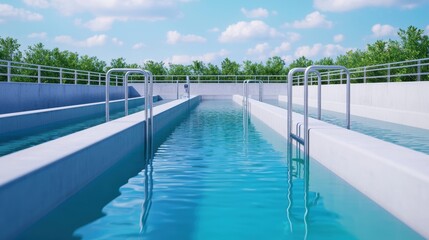 serene view of modern swimming pool with clear blue water, surrounded by lush greenery and bright blue sky. tranquil atmosphere invites relaxation and enjoyment. 