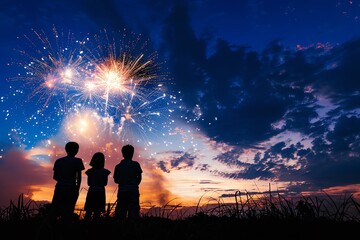Silhouettes of three children watching fireworks explode in the night sky.