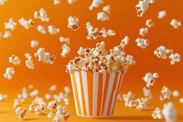Popcorn falling into a bucket on orange background. 3d rendering. Freshly popped popcorn with generative ai