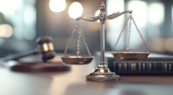 Legal gavel and scales of justice on a table with soft bokeh background in an office setting