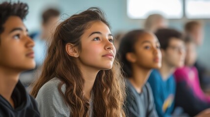 Obraz premium engaged learning environment diverse group of students listening intently in modern classroom warm natural light emphasizes focus and collaborative atmosphere