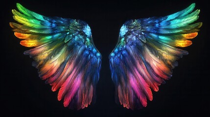 ethereal angel wings rendered in luminous iridescent colors against deep black background each feather a unique spectrum of hues