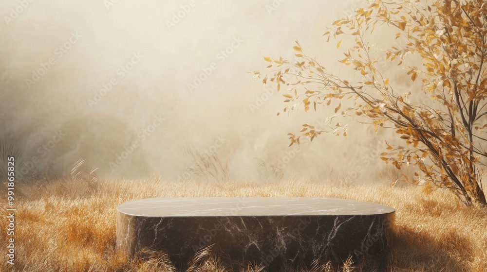 Poster a marble pedestal is situated in the middle of a field of dry grass. the background is a soft, hazy 