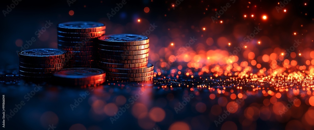 Poster stacks of coins on a dark background with red bokeh lights.