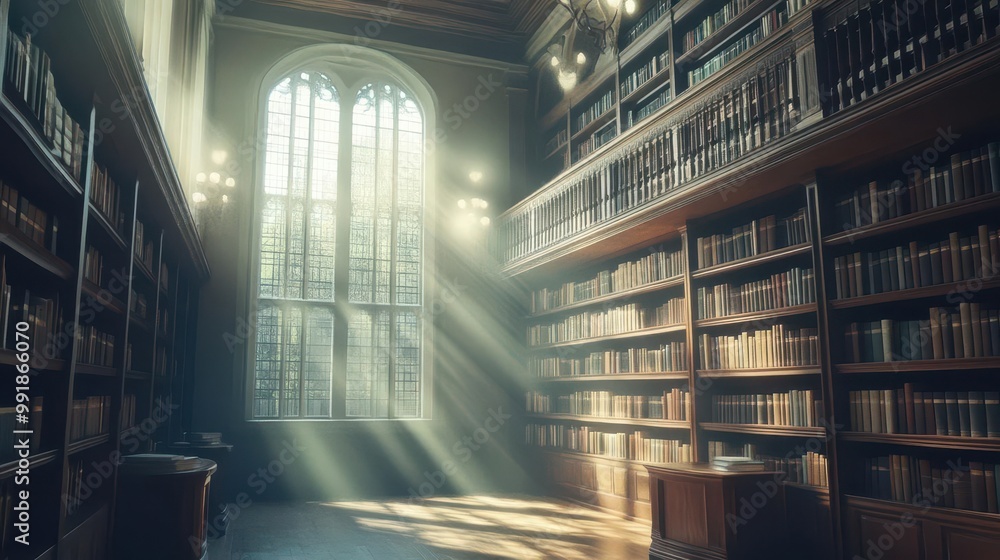 Poster ethereal library interior with towering bookshelves fading into misty shadows soft diffused light st