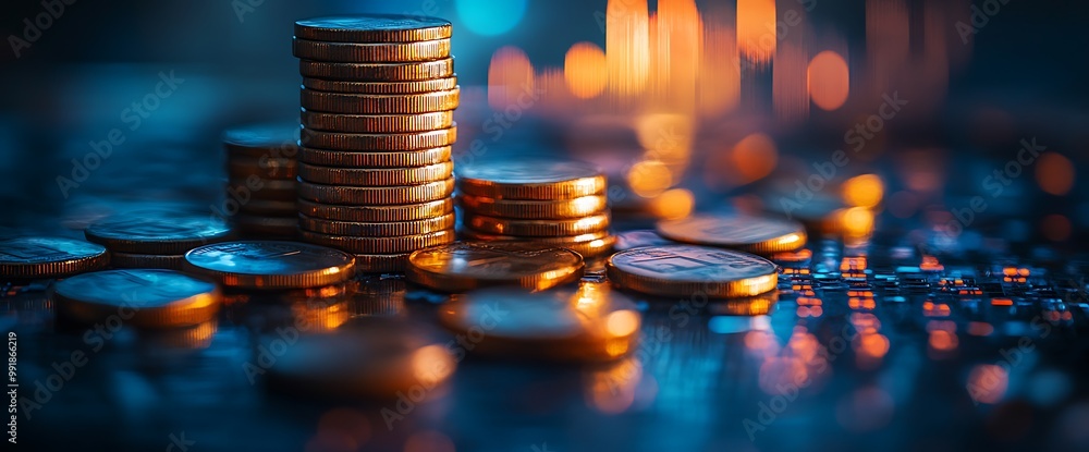 Poster stack of gold coins on a blue background with bokeh lights.