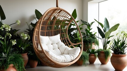 A large wicker or rattan hanging chair with a round, egg-shaped design. The chair has a white cushion inside and is surrounded by potted plants, creating a cozy and relaxing indoor environment