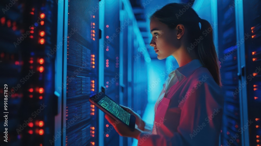 Aufkleber female it specialist in data center surrounded by server racks with blinking lights using augmented 