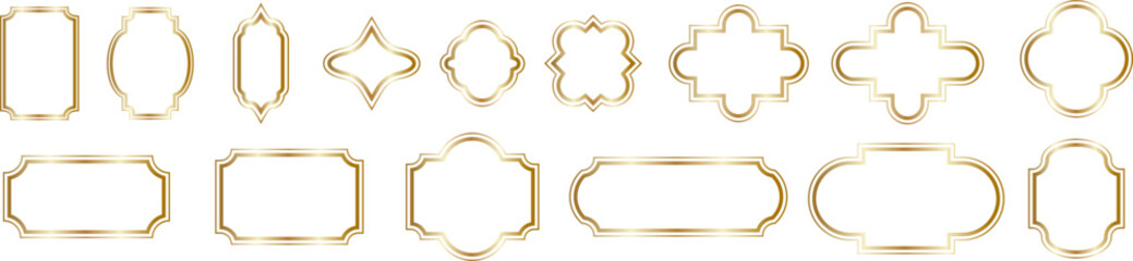 Gold shiny geometric frames. Gold decoration in minimal style. Shiny frames for the holiday or congratulations on transparent background. Vector EPS 10