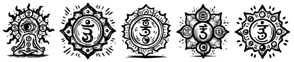 collection of chakra symbols in black and white vector line art style