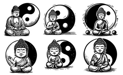 playful cartoon little buddha with yin yang meditating in black and white vector