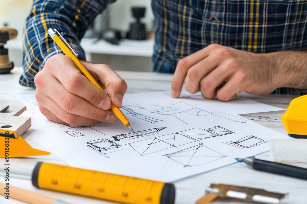 Poster a person drawing technical sketches on white paper with drafting tools, focused on design and creati