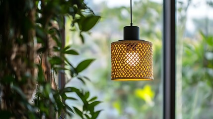 A woven rattan pendant lamp hanging in front of a window with greenery in the background.