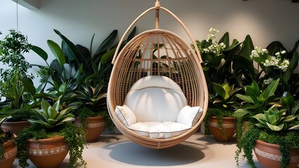 A large wicker or rattan hanging chair with a round, egg-shaped design. The chair has a white cushion inside and is surrounded by potted plants, creating a cozy and relaxing indoor environment