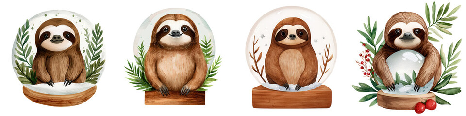 Cute sloth illustrations with greenery on white isolated background.