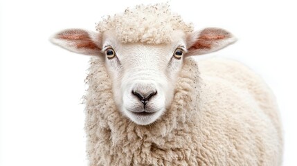 fluffy sheep isolated on pure white background detailed wool texture gentle expression and soft lighting highlighting its form