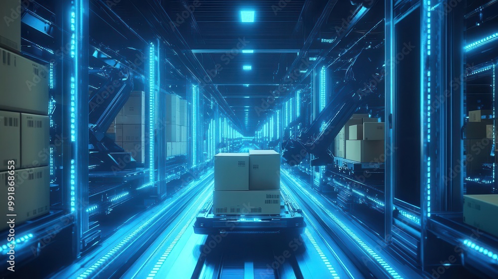 Aufkleber futuristic automated warehouse with robotic arms moving cardboard boxes on sleek hovering pallets bl