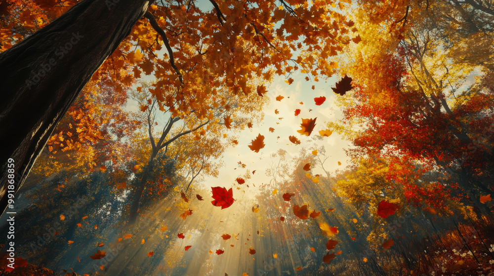 Poster autumn forest path with colorful leaves falling under golden sunlight creating a serene atmosphere i