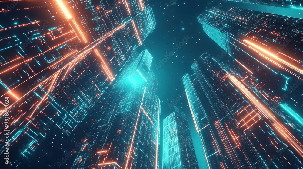Poster futuristic cityscape with towering skyscrapers connected by glowing digital networks cyberpunk aesth