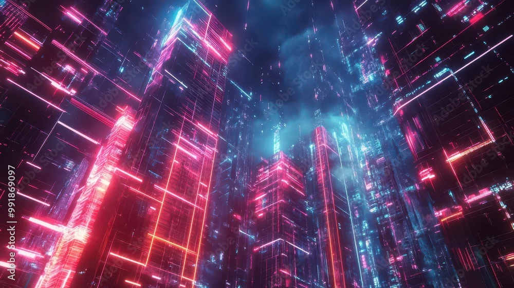 Poster futuristic cityscape with towering skyscrapers connected by glowing digital networks cyberpunk aesth