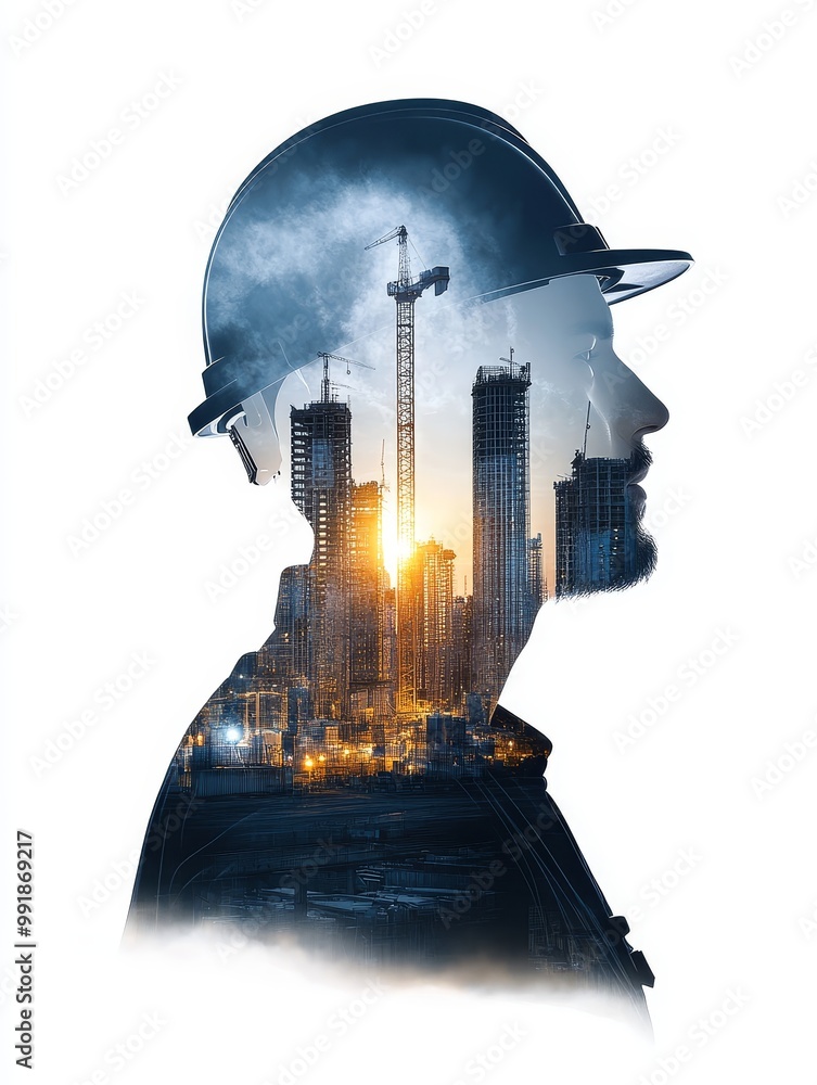 Poster a double exposure image of an architect sketching blueprints with a cityscape inside their head, sym