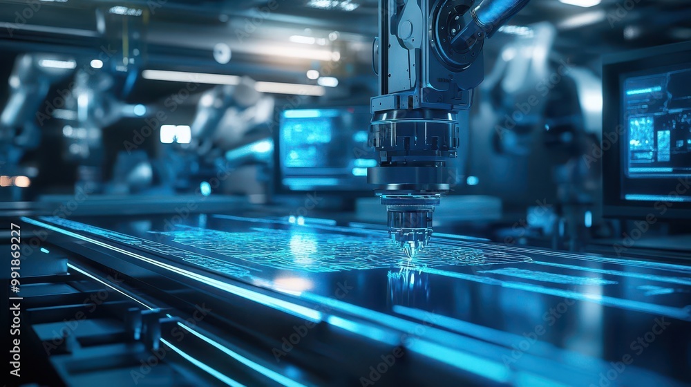 Poster futuristic cnc machine carving intricate patterns into iridescent metal holographic ui displays prec