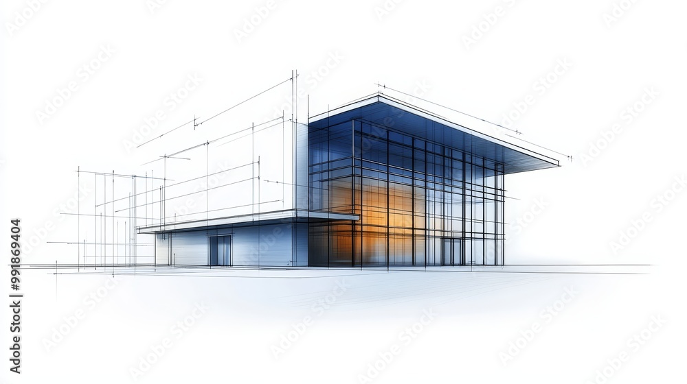 Poster modern architectural sketch of a glass building with a minimalist design and a large window facade.