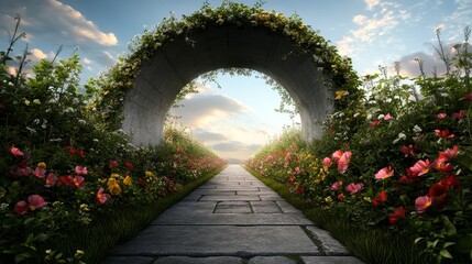 Fototapeta premium Serene Garden Pathway Under Stone Archway