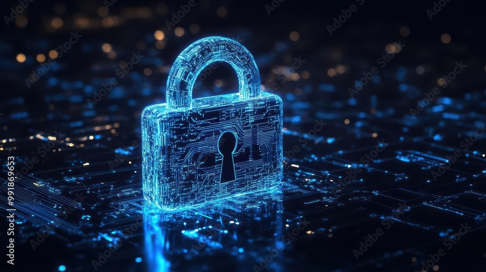 Aufkleber futuristic digital padlock formed by glowing blue circuit lines against a dark background abstract r