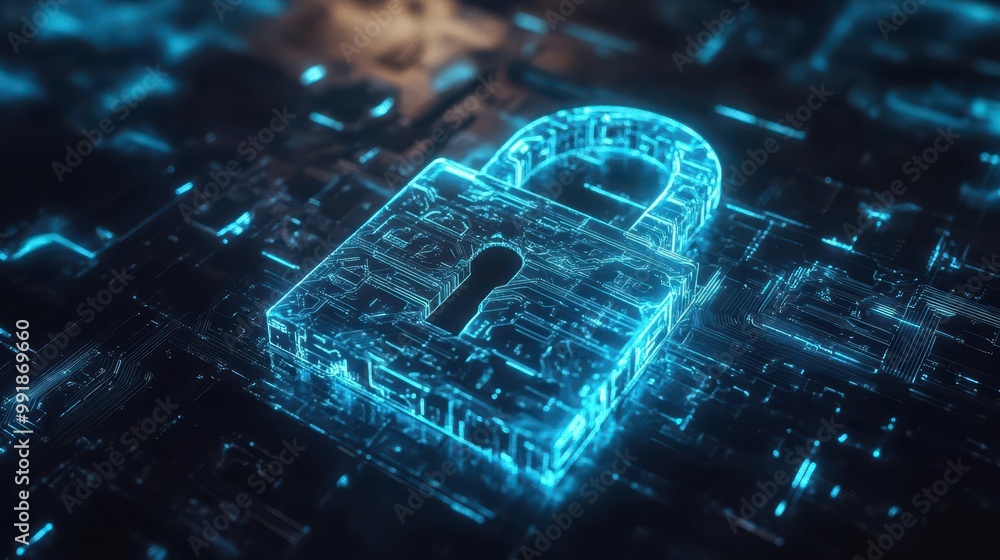 Aufkleber futuristic digital padlock formed by glowing blue circuit lines against a dark background abstract r