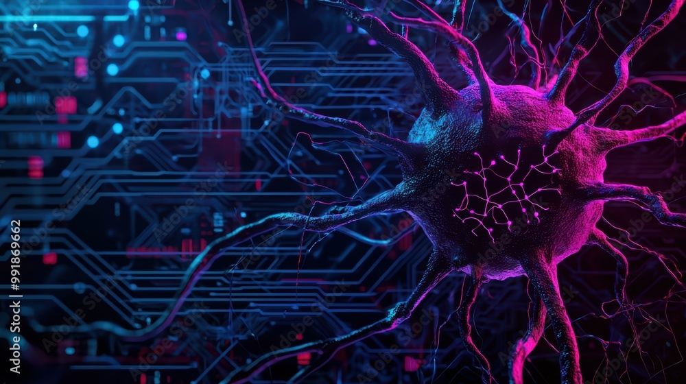 Poster abstract visualization of a cell connected to technology in vibrant colors against a dark background