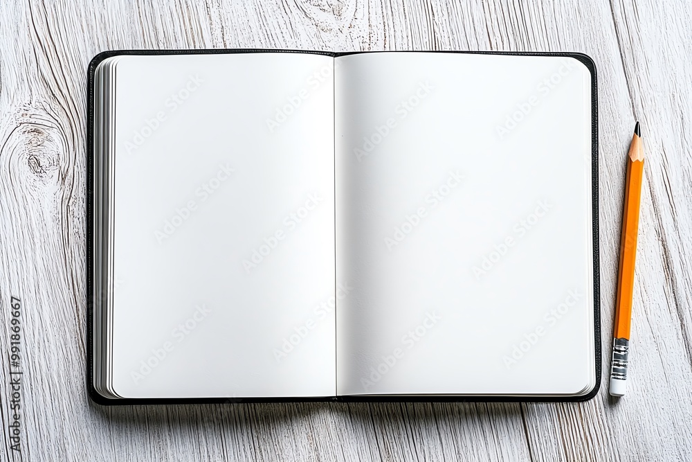 Aufkleber A single open notebook on a clean desk, with a pencil lying beside it, ready for learning to begin