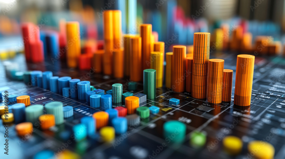 Poster colorful data visualization display with bars and dots representing analytical information in a mode
