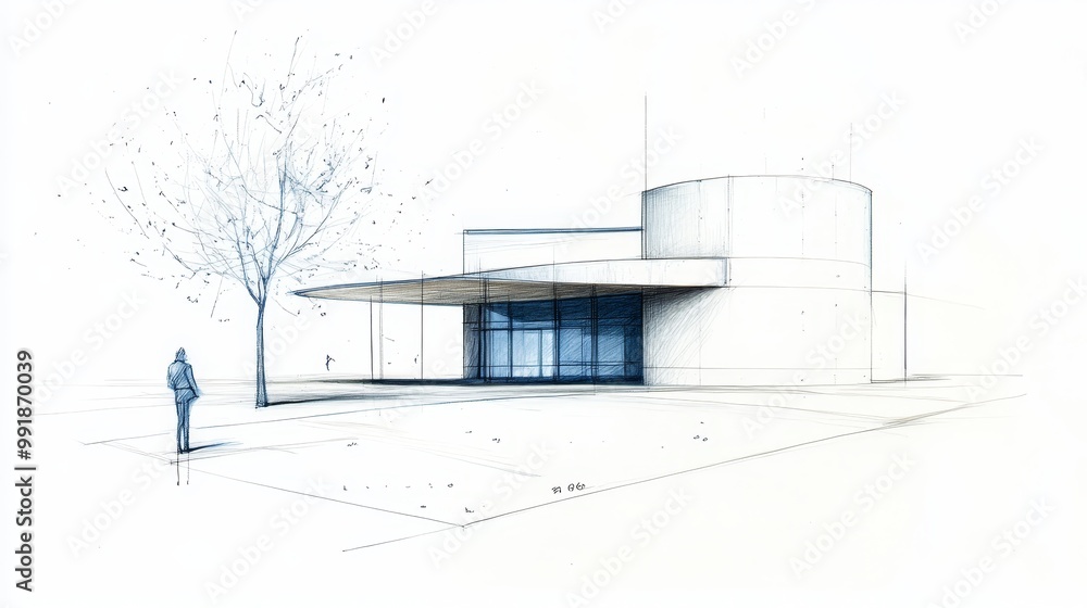 Poster this architectural sketch showcases a modern building with innovative design elements, including a c