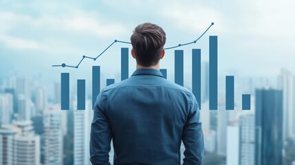 Fototapeta premium Businessman analyzing graphs and data on city background, modern skyline, professional growth concept.