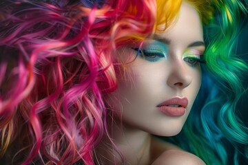 Fototapeta premium Young woman shows off bright multi-colored curls, highlighting bold makeup and colorful hair. Close-up