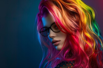 Fototapeta premium Woman with vibrant multi-colored hair and glasses poses against a blue background, highlighting her unique style and expression. Place for text