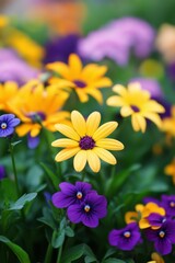 Obraz premium Colorful spring flowers in full bloom at a garden showcasing vibrant yellows and purples