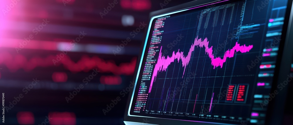 Poster close-up of a monitor displaying stock market graphs with vibrant colors on a dark background.