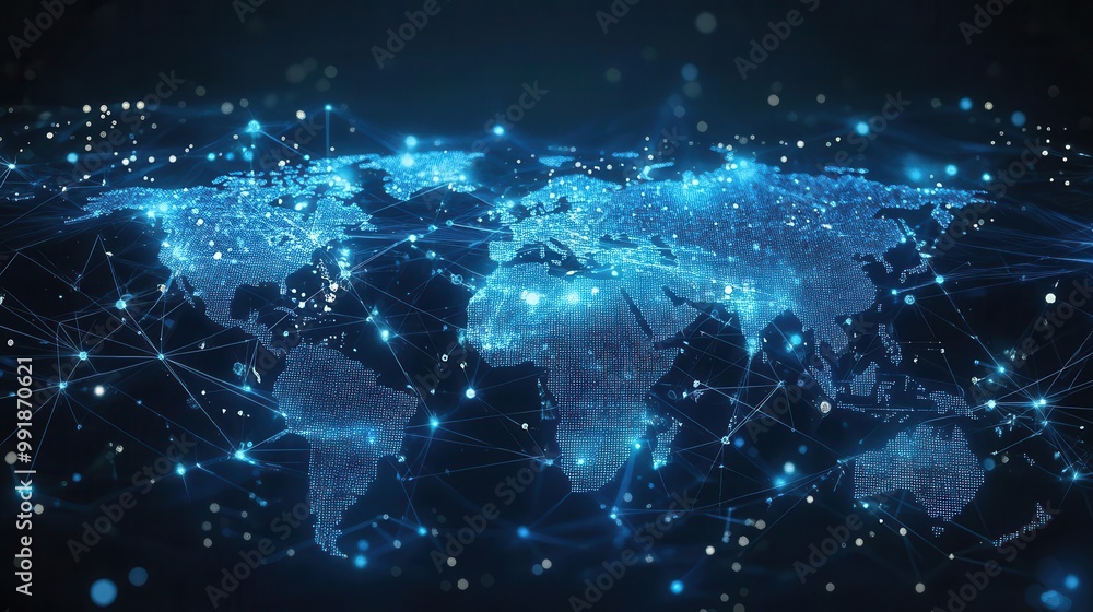 Aufkleber glowing blue holographic world map projection with interconnected nodes representing global business