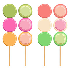 Set of color illustration with Japanese rice dessert mochi on stick. Isolated vector object on white background.
