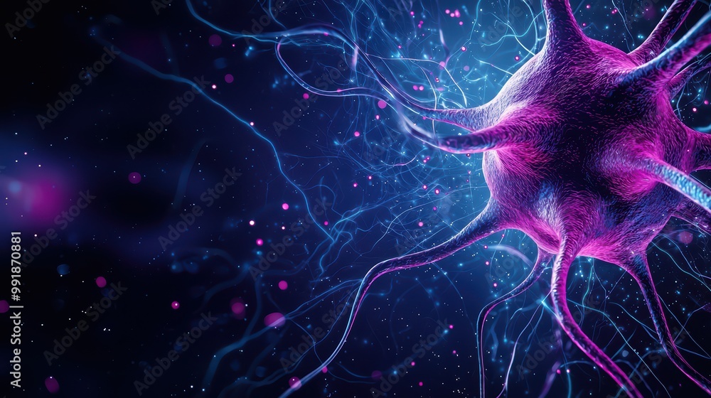 Poster close-up view of a neuron with vibrant colors on a dark background, showcasing intricate details and