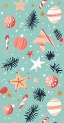 Festive winter-themed decorative pattern featuring ornaments, stars, and candy canes