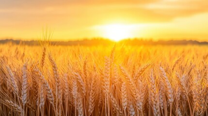 Obraz premium golden wheat field at sunset with ears of wheat swaying gently in the breeze warm orange and pink hues paint the sky creating a serene and idyllic rural landscape