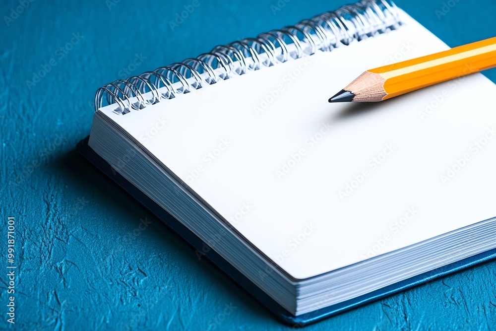Aufkleber A single pencil lying on an open notebook, with a blank page ready for notes, symbolizing the start of learning
