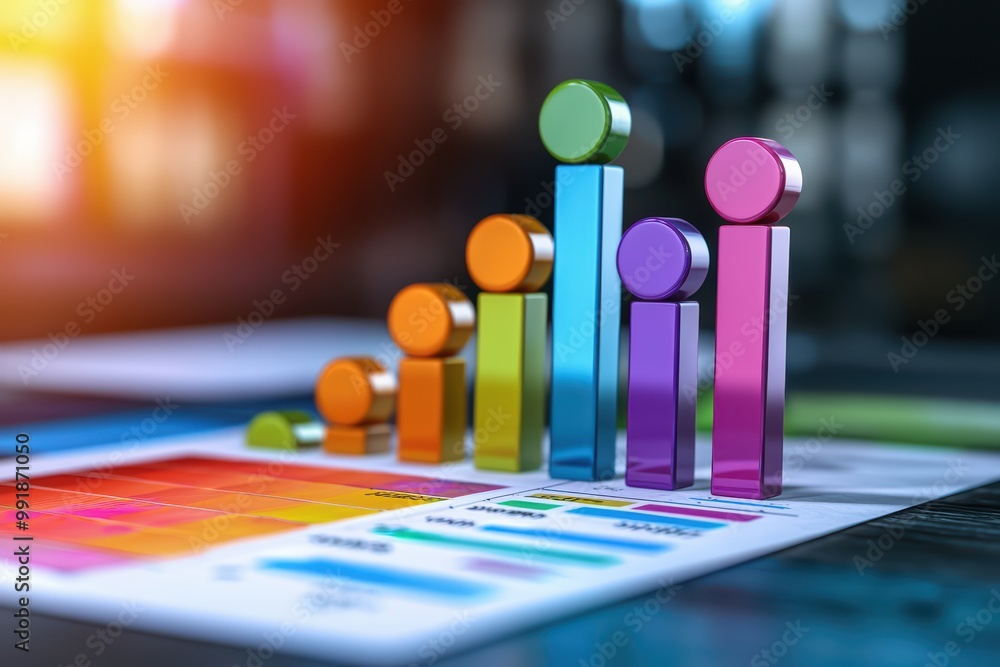 Aufkleber colorful bar graphs representing data analysis on a table, blurred background.