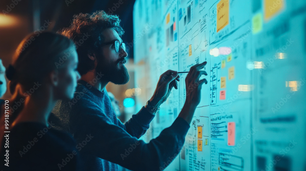 Poster collaborative brainstorming session at night with creative individuals analyzing ideas on a digital 
